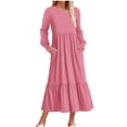 thumbnail image 2 of Dwaogom Women's Casual Solid Color Long Sleeved Pleated Large Dress Plus Size Dress Dress Clubs Dresses, 2 of 4
