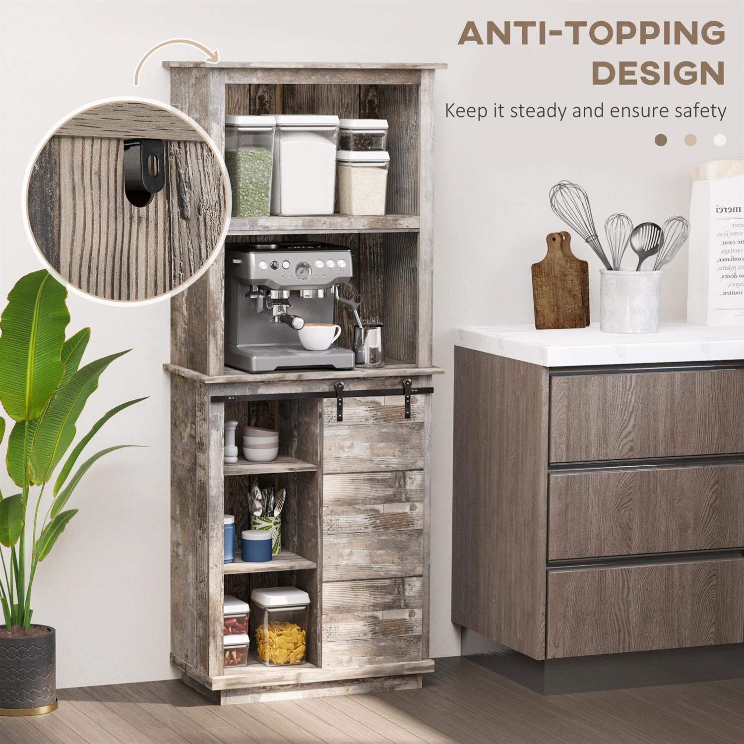 DemiBonn 64" Rustic Kitchen Storage Cabinet with Hutch and Sliding Door, Adjustable Shelves, Vintage Wood Design for Home Organizers, Gray