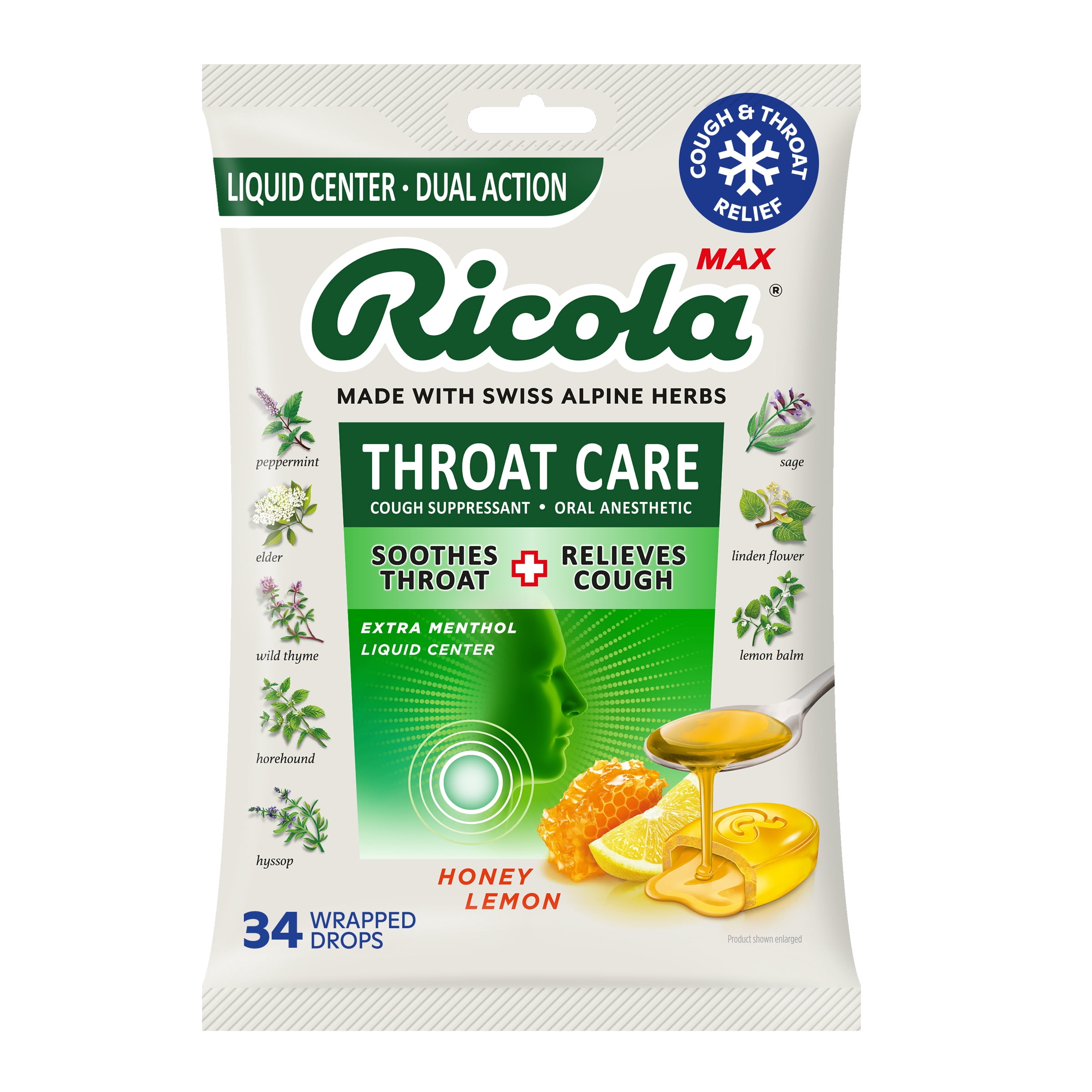 (2 pack) Ricola Max Throat Care Honey Lemon Cough Drops for Sore Throat + Cough Relief, Value Pack, 34 Count