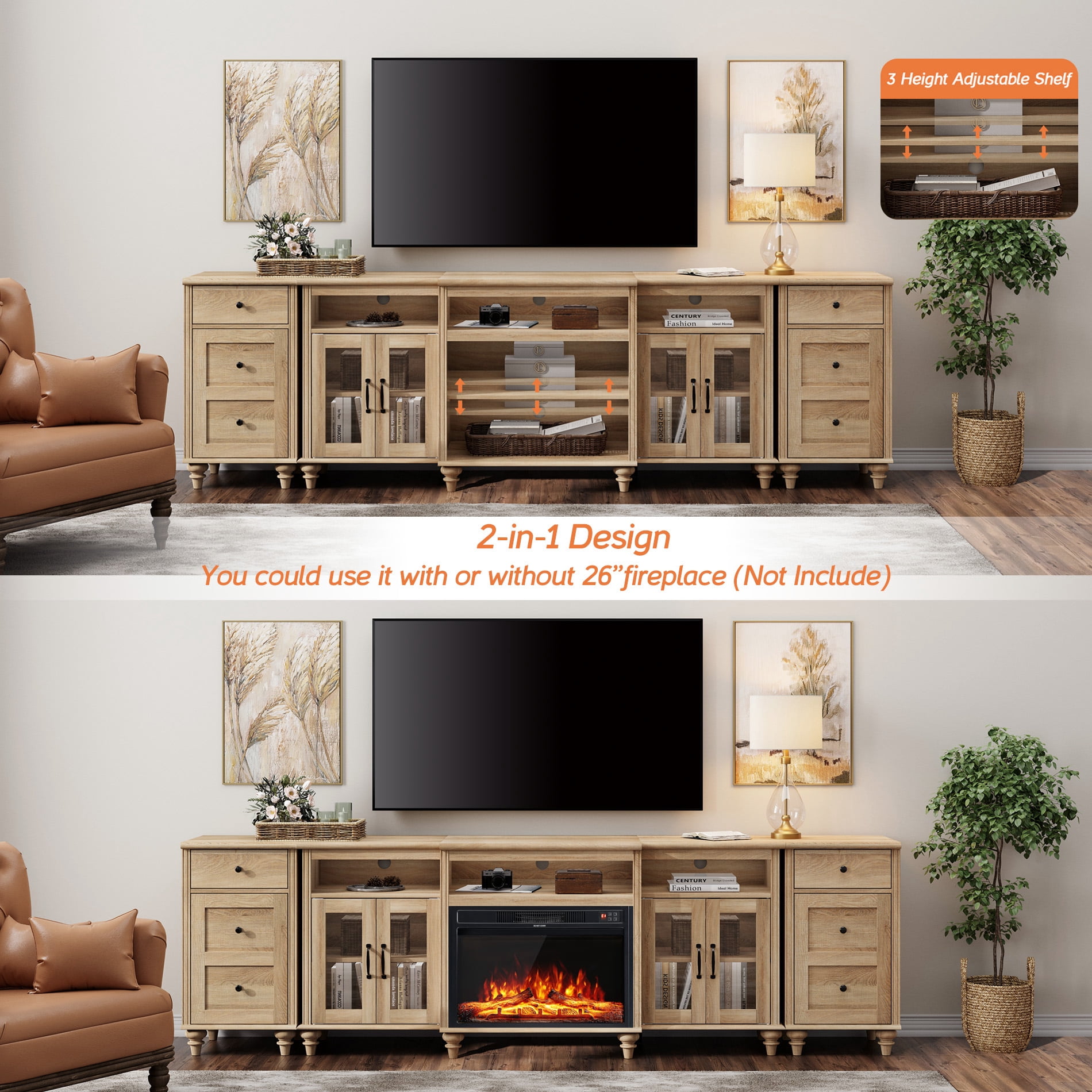 Farmhouse Large TV Stand for TVs Up to 100 inch with Charging Station, 4 Glass Doors and Wood Universal TV Console with Storage Cabinets, Entertainment Center Table for Living Room, Bedroom, Oak