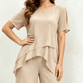 thumbnail image 3 of Morttic Women's Elegant Chiffon Solid Color 2 Piece Set – Slit Short Sleeve Top & Wide Leg Pants Daily Home & Lounge Outfit Apricot，S, 3 of 6