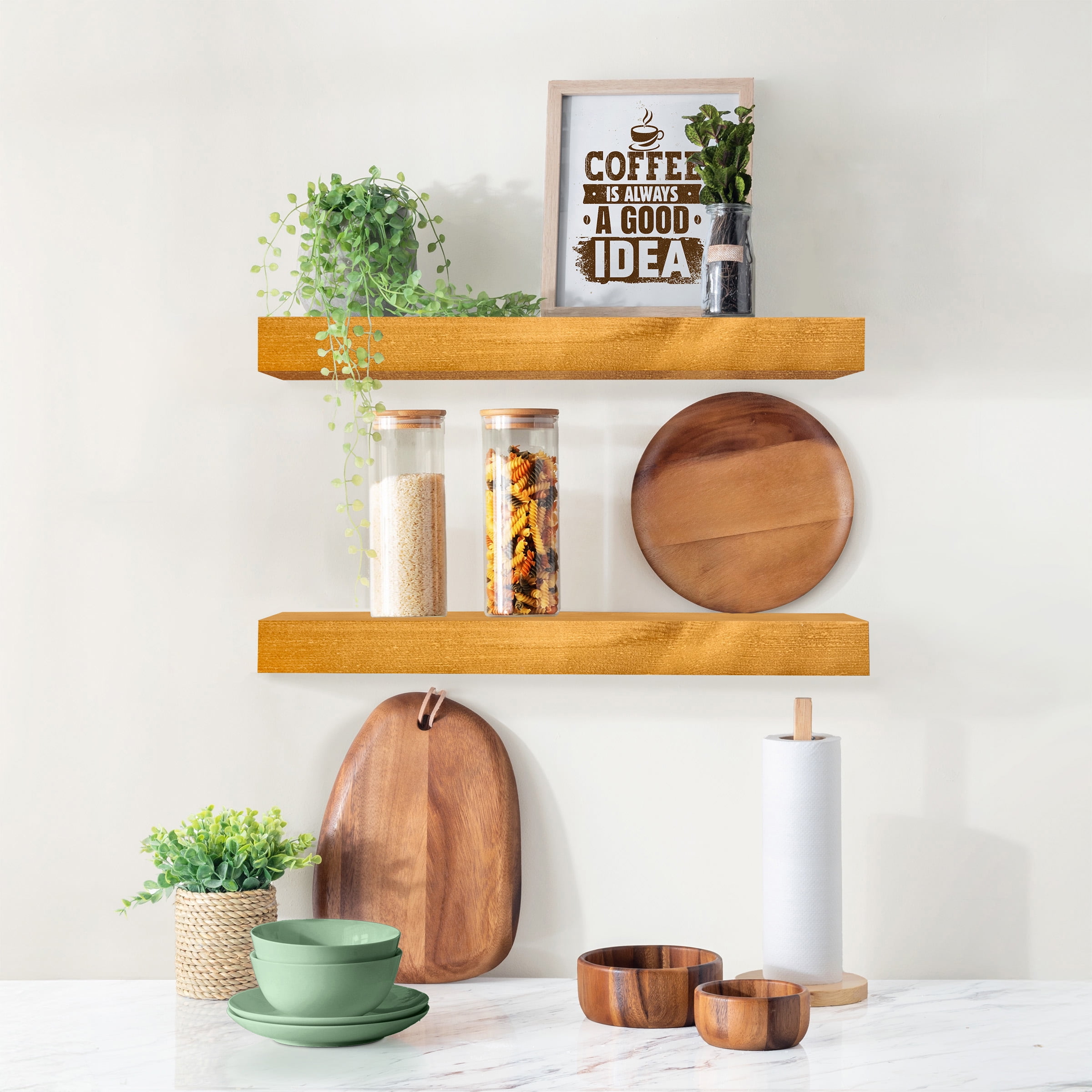 Sorbus 16" Maple Wood Floating Shelves, Set of 2 Solid Pine Wood Wall Shelves for Bathroom, Kitchen, Bedroom & Living Room Décor