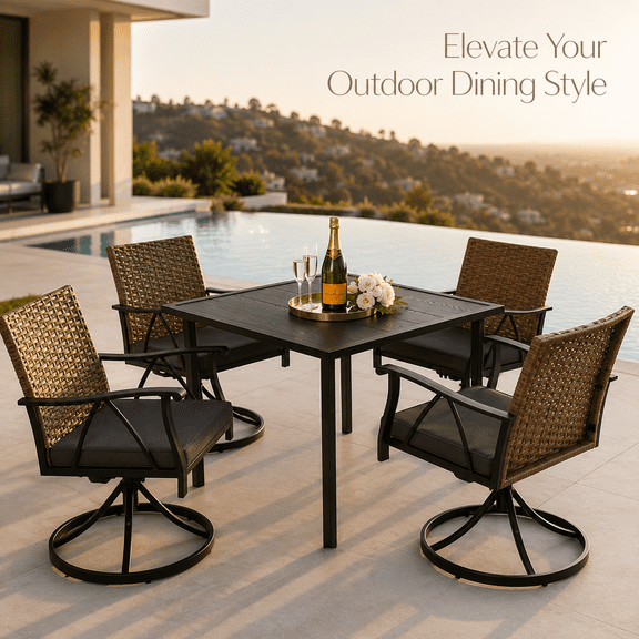 5-Piece Patio Dining Set for 4, Wicker Outdoor Table with Swivel Chairs