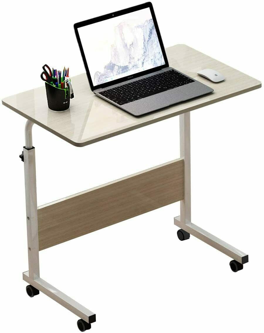 DOEWORKS Overbed Table with Wheels Walnut Height Adjustable Tray Side Table for Bed or Sofa Laptop Desk Moveable Sofa Table 
