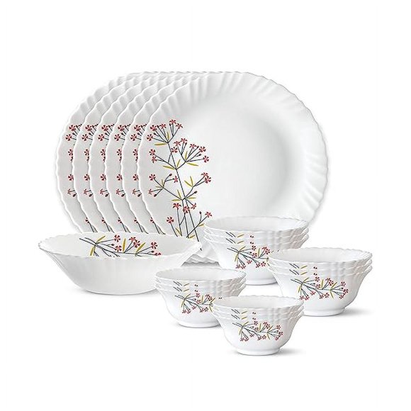 Red Bud Silk Series Opalware Dinner Set | 19 Pieces for Family of 6 | Microwave & Dishwasher Safe | Bone-Ash Free | Crockery Set for Dining & Gifting | Plates & Bowls | White,Floral