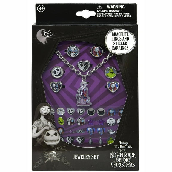 Nightmare Before Christmas Jewelry Set in Box - bracelet, rings & sticker earrings