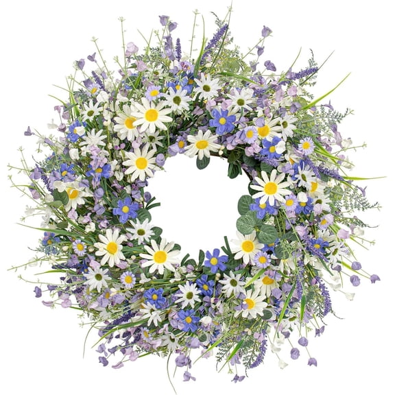 GZhLonKiMa 22 Inches Spring Wreaths for Front Door Blue Spring Door Wreath Summer Floral Wreath with Wildflower Lanvender for Wall Porch Indoors Outdoor Window Home Decorations