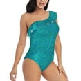 thumbnail image 3 of Gaeub Blue Green Glitter Women's One Shoulder Ruffle Tummy Control Swimwear for Swimming Surfing Beach Party - Small, 3 of 8