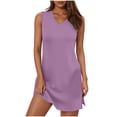thumbnail image 3 of VBTAPA Summer Dresses for Women 2025 Casual Loose V Neck Tank Dress Solid Side Slit Mini Dresses with Pockets Purple M, 3 of 7