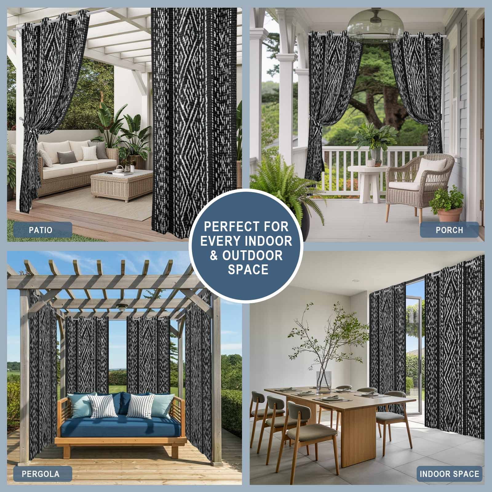 Black and White Geometric Outdoor Curtains for Patio, Boho Ethnic Stripe Woven Texture Sunshade Privacy Drapes Grommet Waterproof Outside Curtains for Porch/Cabana/Balcony 54"x 108", 1 Panel
