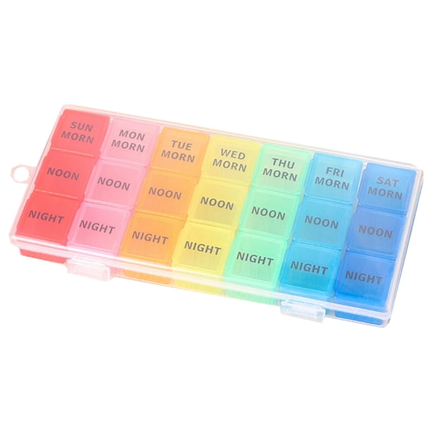 Pastillero portátil de 21 compartimentos con diseño colorido en inglés. Organizador mensual de pastillas. Caja de almacenamiento para medicamentos.