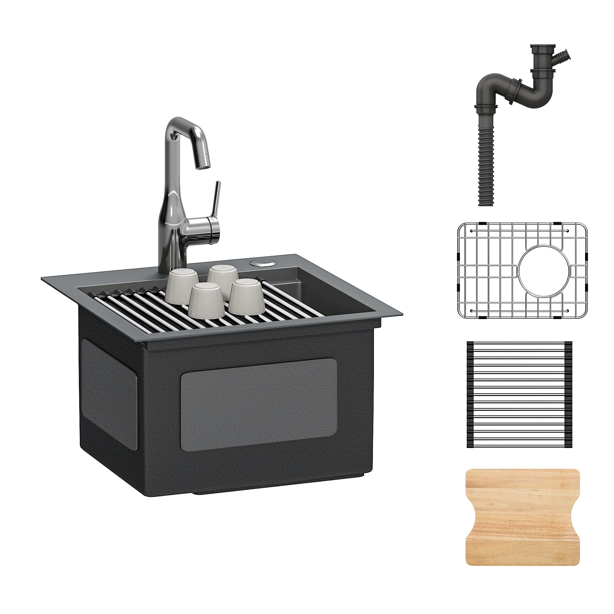 Uforic Drop-in Gunmetal Black Kitchen Sink Workstation with Cutting Board & Accessories, 15x15x9 in
