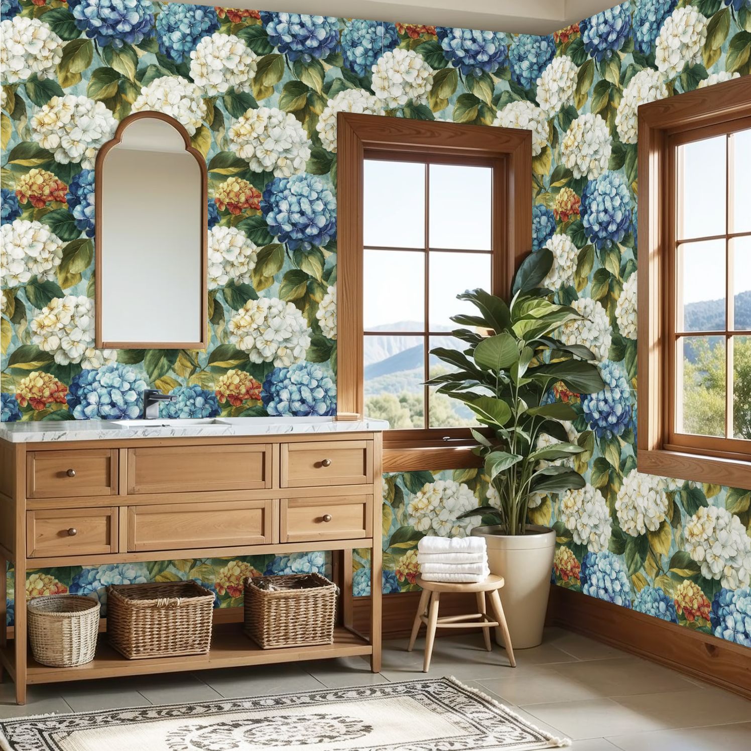 Peel and Stick Wallpaper Vibrant Hydrangea Floral Blue White Yellow Blooms Wall Mural 23.6in x 9.8ft Self Adhesive Removable Wall Paper Renter Friendly Wallpaper for Nursery Bedroom Cabinets