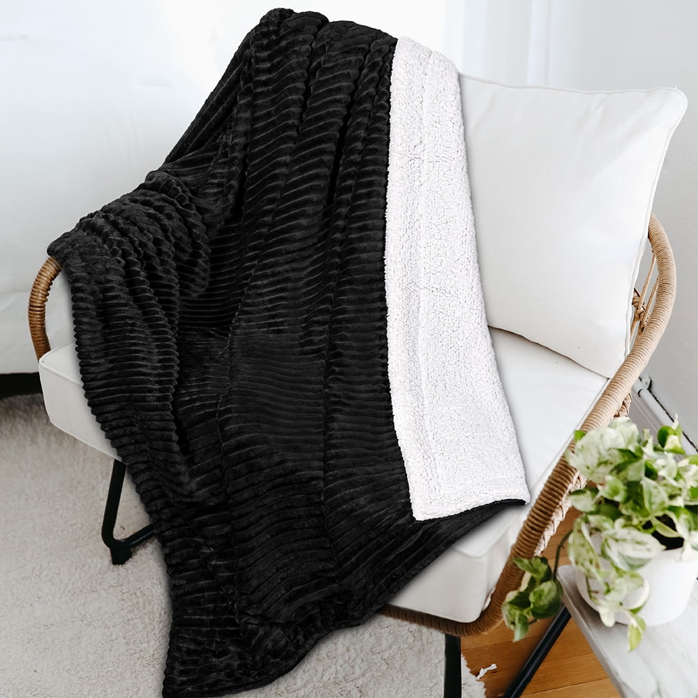 PAVILIA Reversible Sherpa Fleece Throw Blanket Black, Plush Flannel Throw, Ultra Soft Warm Ribbed Microfiber Blanket for Sofa Couch Bed, Luxury Thick Striped Blanket, Black, 50x60