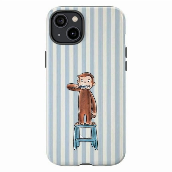 Curious Monkey Brushing Teeth Phone Case, Cute Monkey on Blue Striped Background, Protective Phone Cover for iPhone 16 15 14 13 12 11 Pro Max Mini