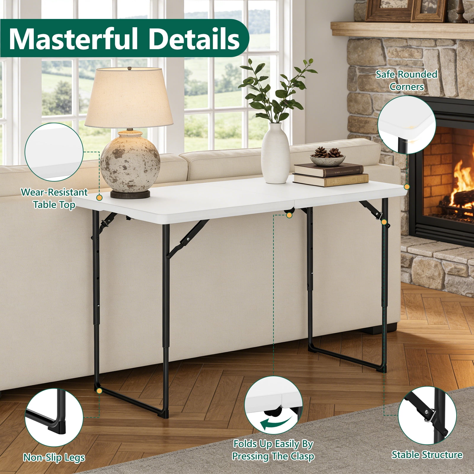 WASUHE Folding Table 4 FT Lightweight Table, Plastic Rectangular Indoor Outdoor Table Iron Legs Fold-in-Half, Easy to Store, Perfect for Party, Dining, Wedding, Events, White
