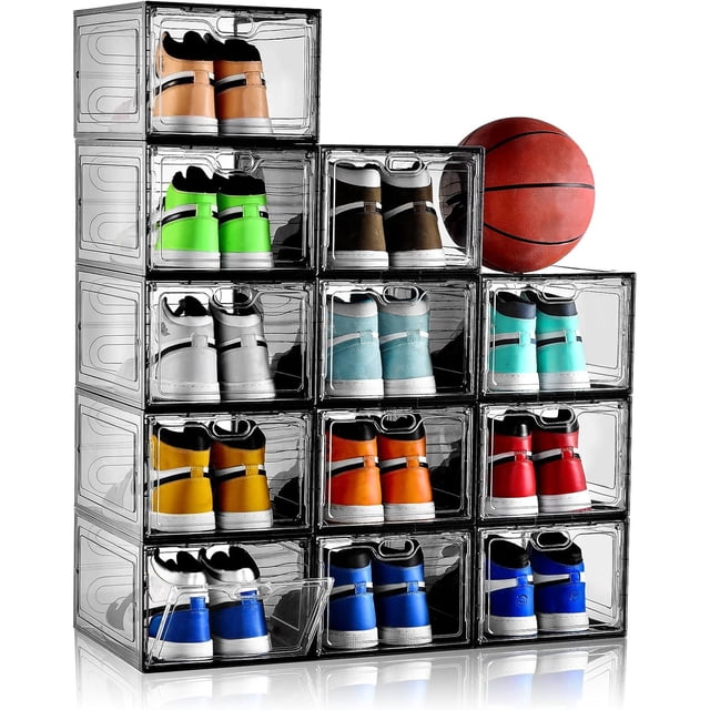 Paquete de 12 organizadores de almacenamiento de zapatos transparentes grises, cajas apilables para clóset, caja de zapatos de plástico frontal con puerta gris, fácil de montar