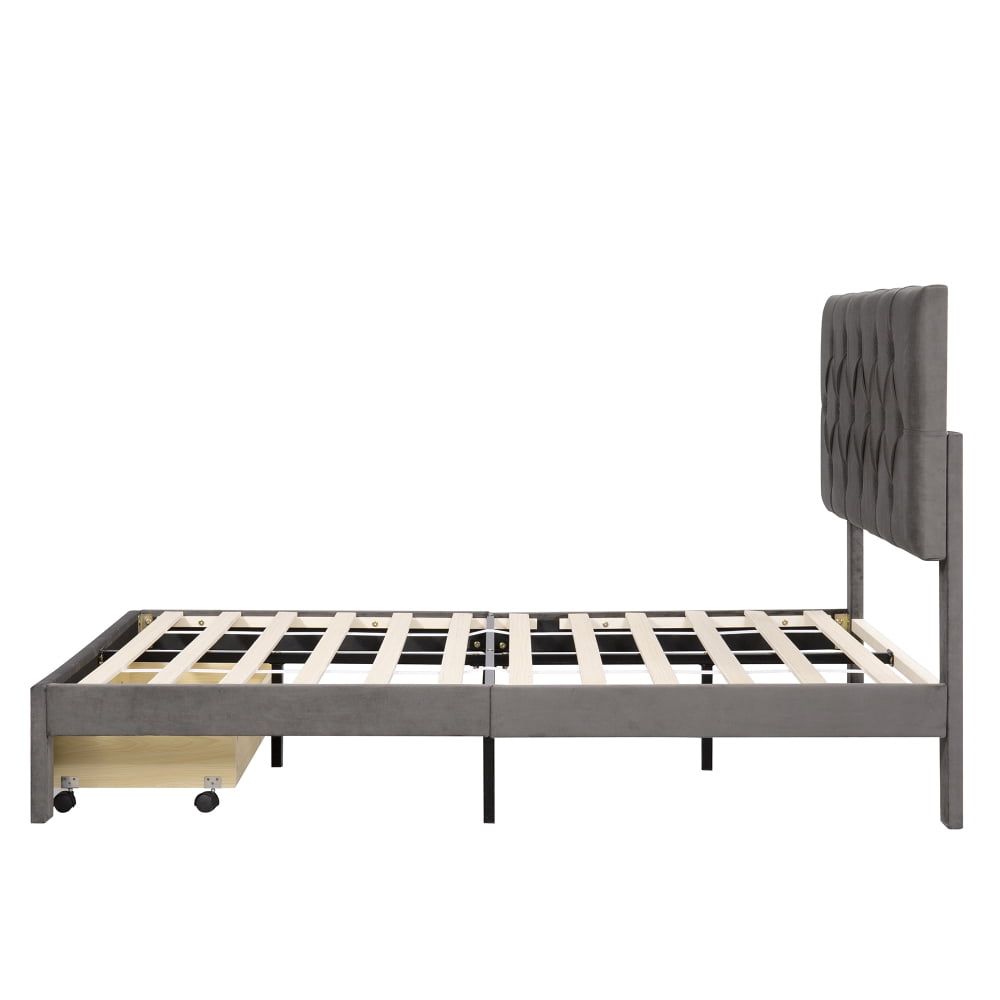 Full Size Upholstered Bed Frame, Platform Bed Frame with Storage Drawers, Full Size Bed Include Velvet Headboard Wingback and Strong Wood Slats Support, No Box Spring Needed, Gray