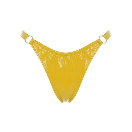 Zaldita Women s Shiny Metallic Low Rise G-String Thong Latex O-ring Micro Panties Briefs Clubwear Yellow 3XXL