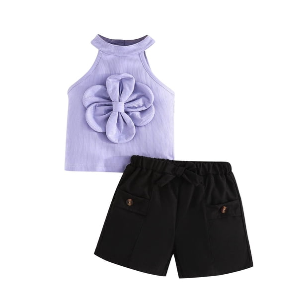 Odeerbi 9M-5Y Niñas Conjuntos de Verano Algodón Halter Tops Pantalones Cortos Conjunto de Dos Piezas Flor Sin Mangas Lazo
