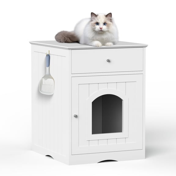 Cat Litter Box Enclosure-Hidden Decorative Cat Litter Box Furniture with Drawer, Wooden Pet Crate, Litter Box Furniture as Cat House, End Table, Fit Most of Litter Box (White)