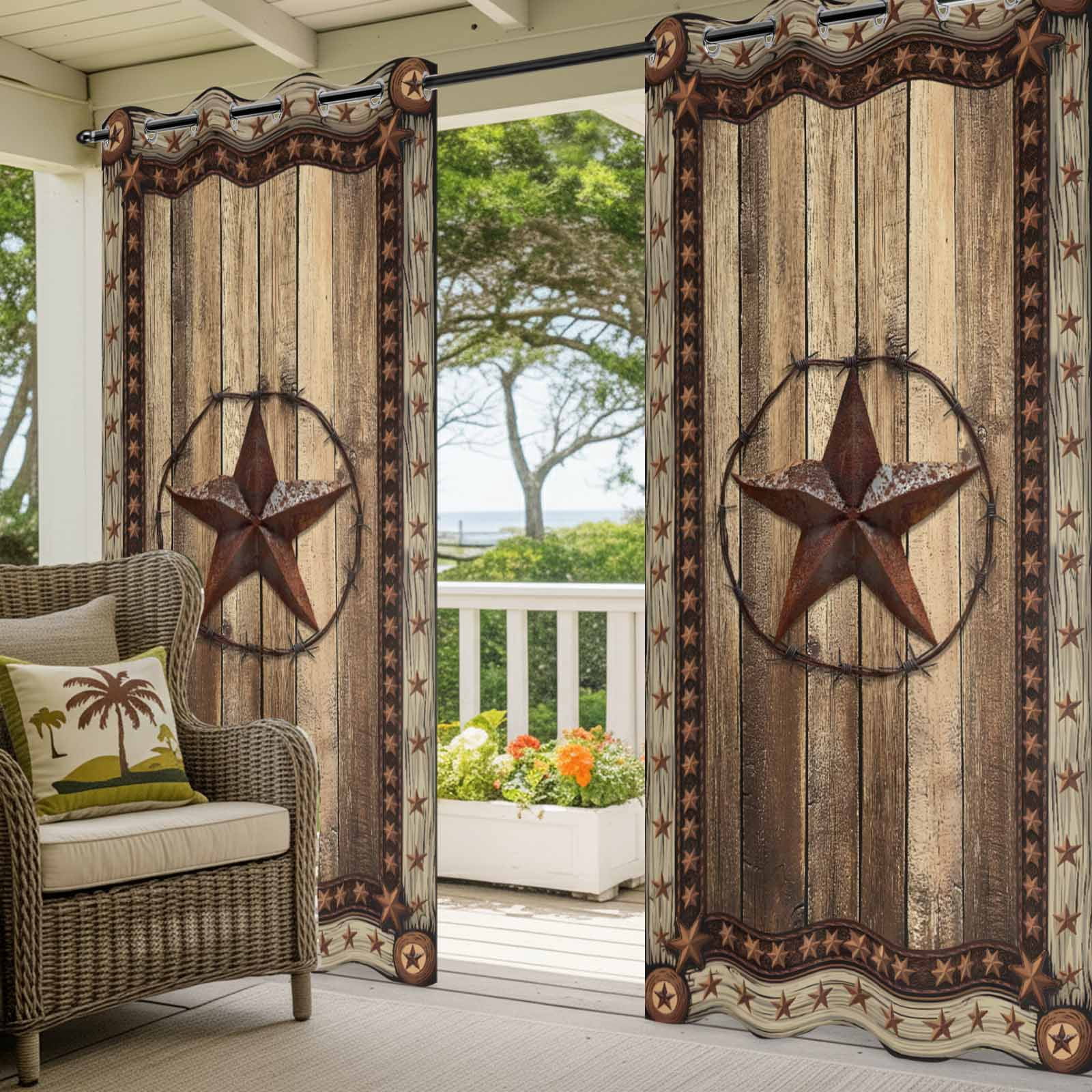 Western Farmhouse Outdoor Curtains for Patio Waterproof,Windproof Privacy Curtains with Weighted Bottom,Primitive Rustic Country Retro Texas Star Outside Drapes for Picnic Garage Yard 54"x95" 2 Panel