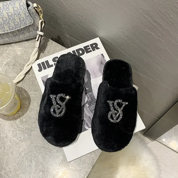 Size36-43 Zapatillas de algodón peludas para mujer, calzado cálido para otoño e invierno, zapatillas con diamantes brillantes para el hogar, ropa exterior, zapatos planos para mujer