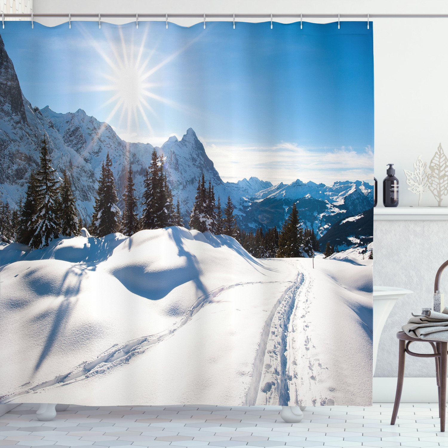Winter Shower Curtain, Panoramic Winter Scenery on Snow Covered