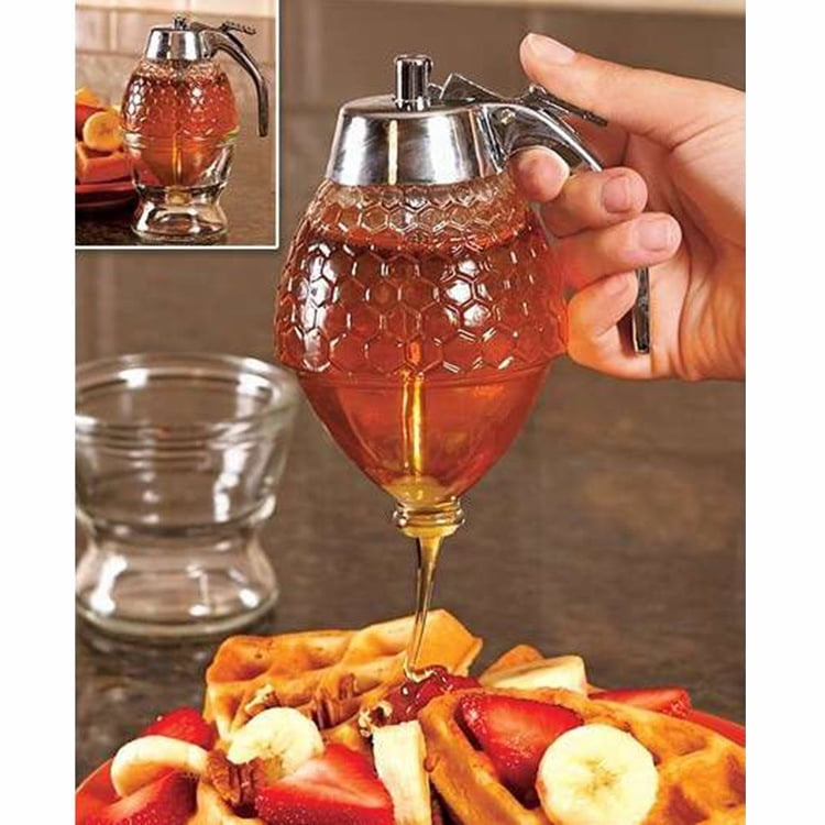 Honey Dispenser - Maple Syrup Dispenser Glass - Beautiful Honey Comb Shaped Honey Pot - Honey Jar with Stand
