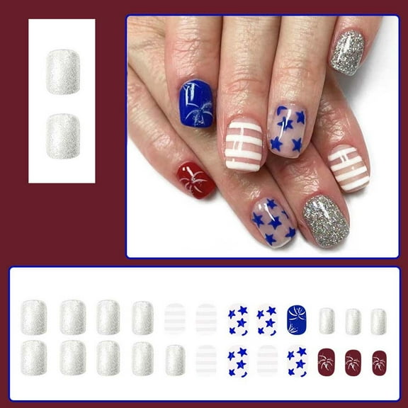 HYLLai Star & Stripes Press-On Nails 24PC, Glitter Red/Blue Short Fake Nails with Jelly Glue, Holiday Nail Kit