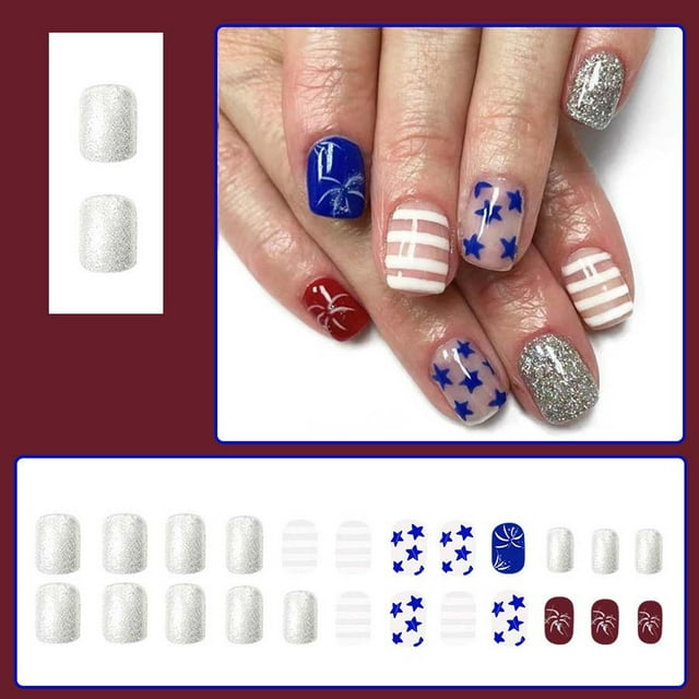 Ongles Courts Brillants à Presser / Lignes Pailletées Irrégulières et Pois Rouges et Blancs / 24 Pcs / Trousse de Faux Ongles en Acrylique / Application Facile / Réutilisables / pour Déco de Manucure DIY / Inclut de la Colle Gelée
