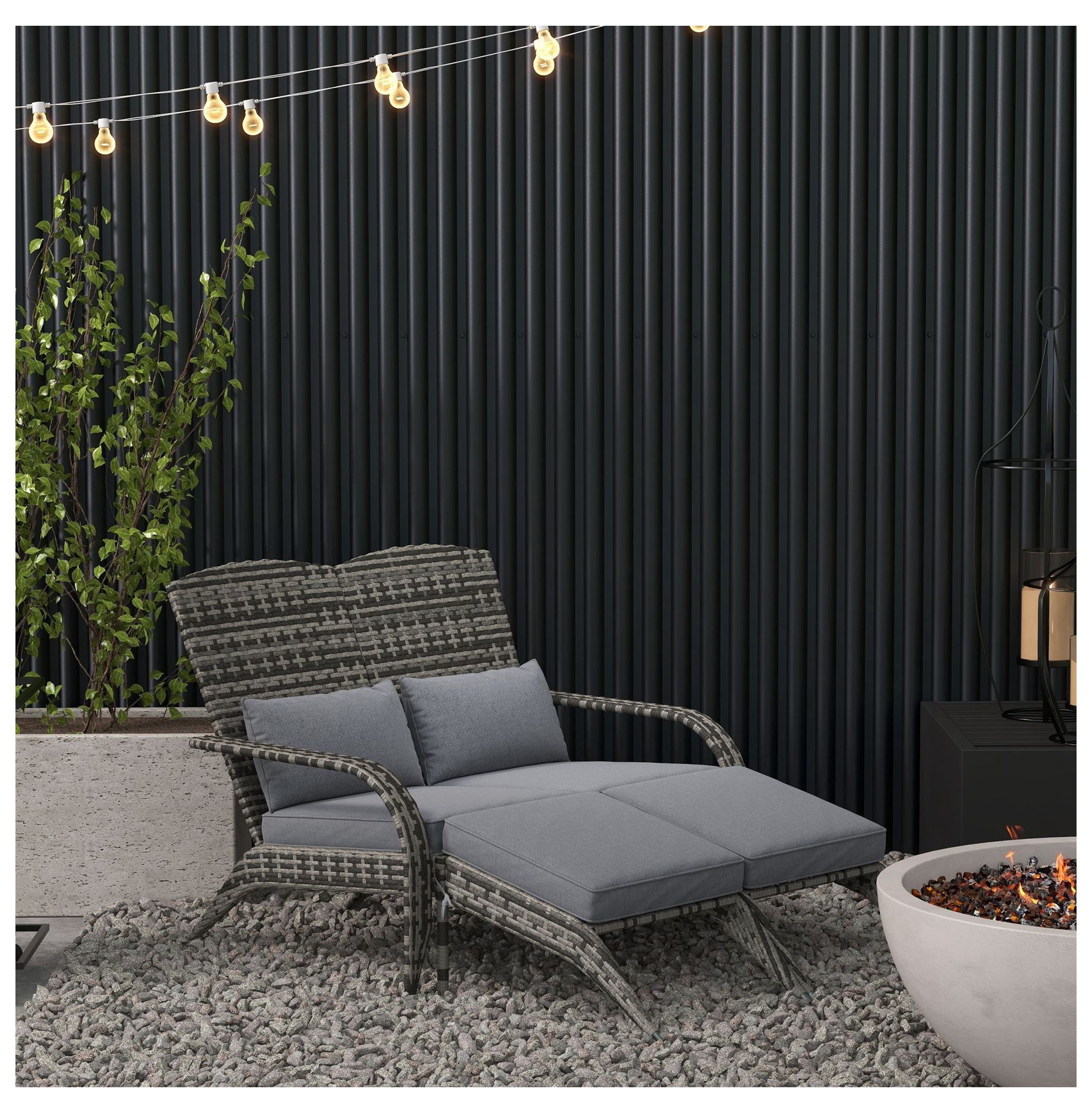 Wicker Adirondack Chair for 2, PE Rattan Double Chaise, Fire Pit Chair with Cushions & Footrests, Mixed Gray - Outdoor Patio Furniture