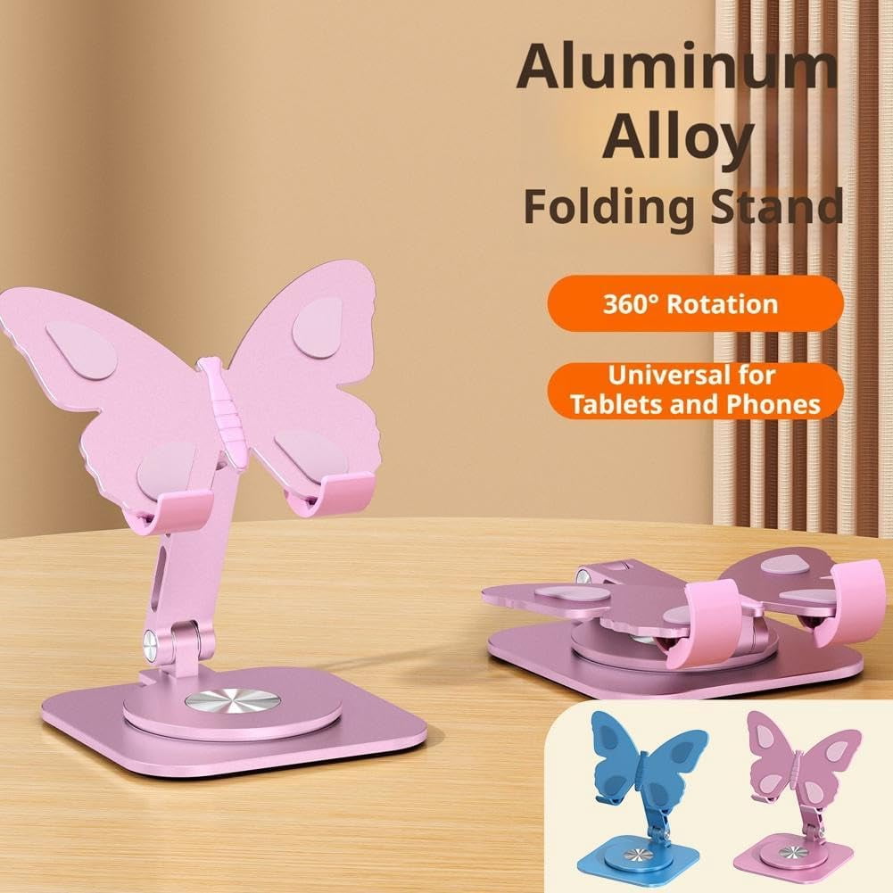 Butterfly Aluminum Alloy Cell Phone Stand, 360° Rotating Adjustable Desktop Cradle, Foldable Tablet Holder for Office Desk, Home and Travel (k)