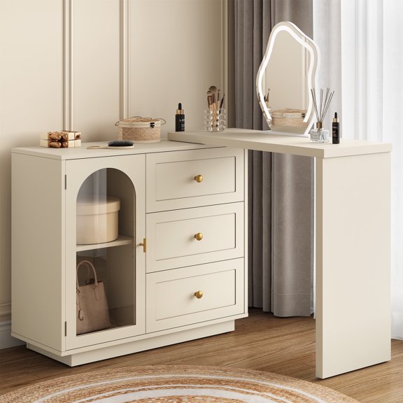 Heynemo 59'' Extendable Corner Vanity Desk with Rotatable Tabletop, 3 Drawers & 1 Door, for Bedroom, Dressing Room