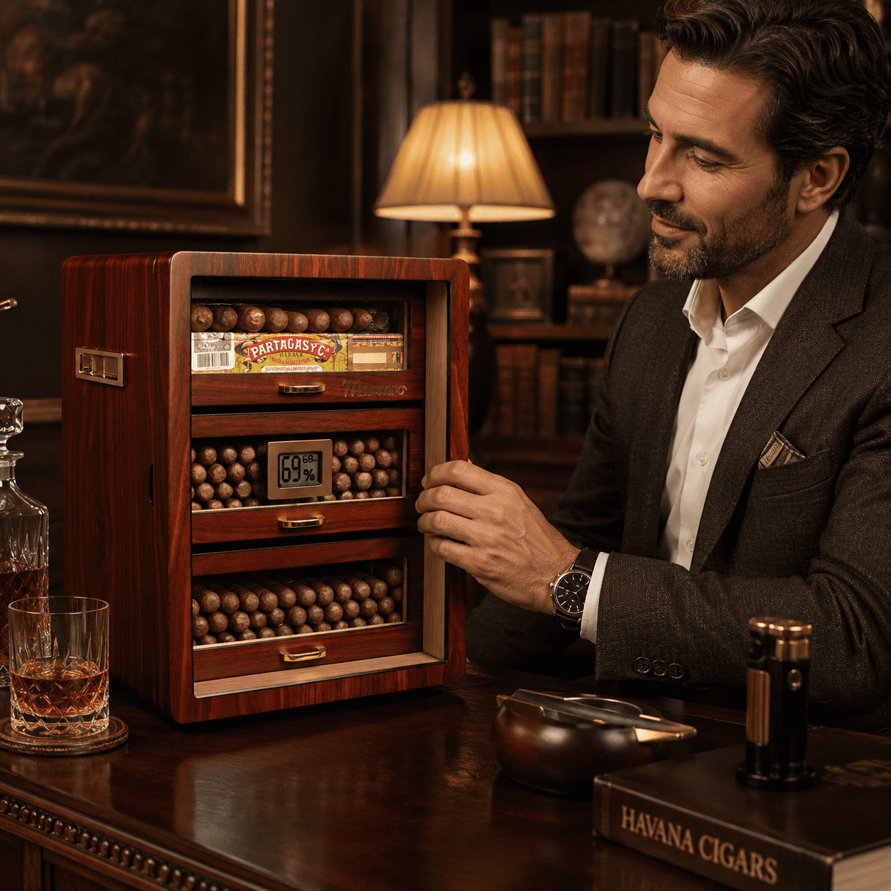 Marvero Cedar Wood Cigar Humidor Cabinet, Digital Hygrometer, 3 Movable Drawers, Double Glass Door, Gold-Plated Hardware, Humidifier, Holds Up to 100-200Cigars