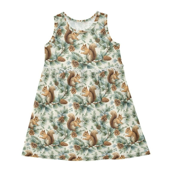 Girls Dress Squirrel Pine Cone Sleeveless Dress for Girls Hem A-Line Casual Sundress