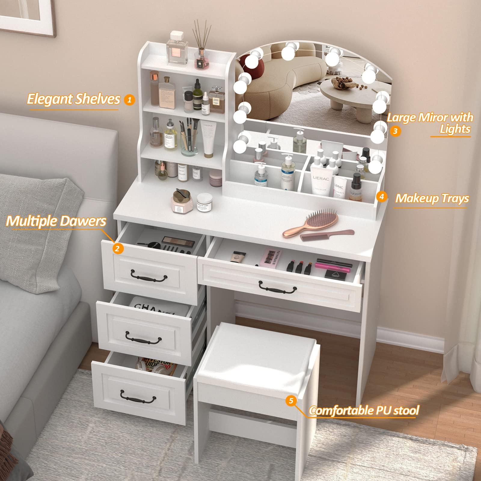 Veanerwood Makeup Vanity Set with Lights and 4 Drawers, Modern Vanity Table 3 Lighting Colors, 39.4in, White