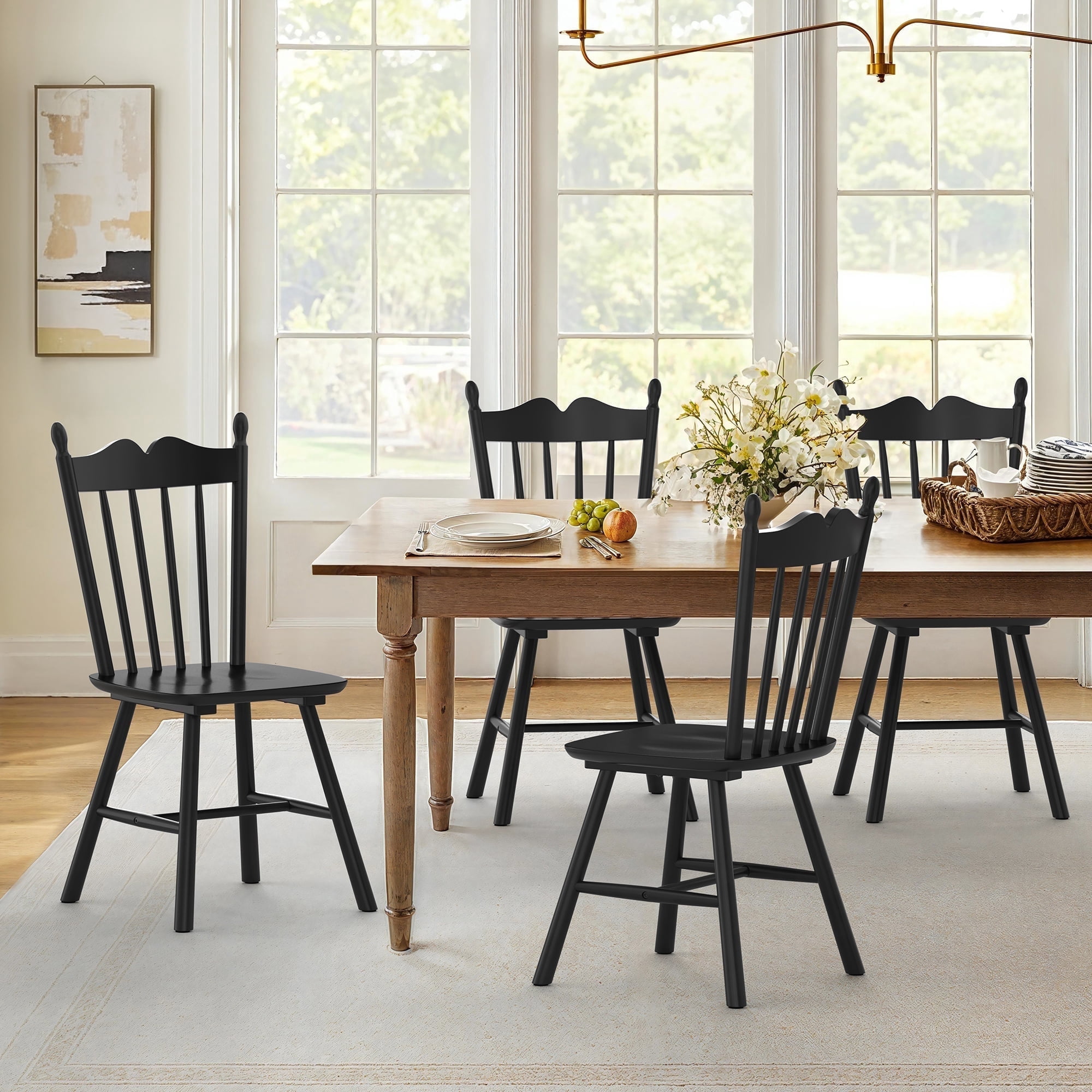 Dycanpo Dining Chairs Set of 4, Windsor Wooden Dining Chair with Thickened Backrest for Kitchen, Black