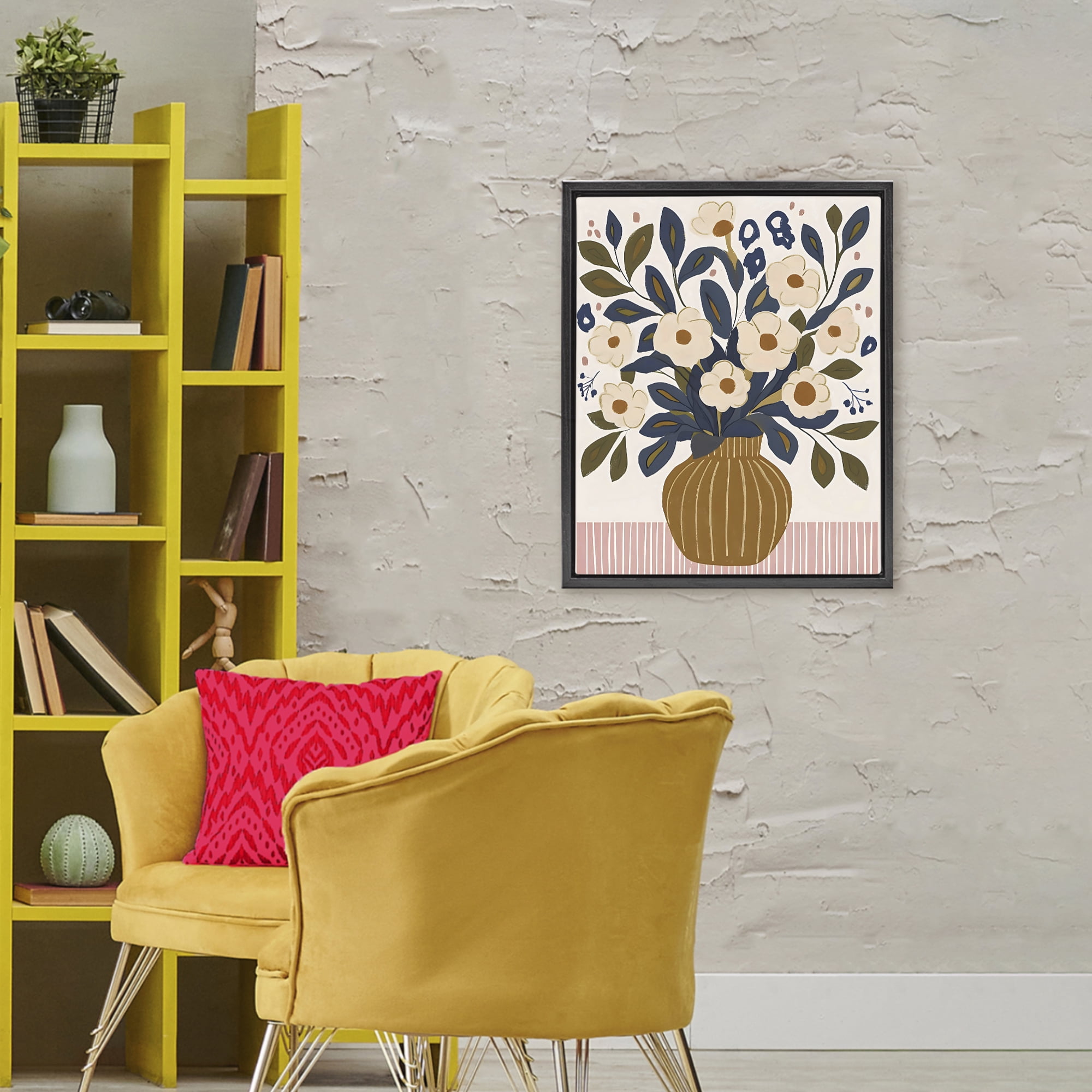 Stupell Industries Boho Floral Vase with Stripes Black Framed Floater Canvas Wall Art, design by Creative Studio