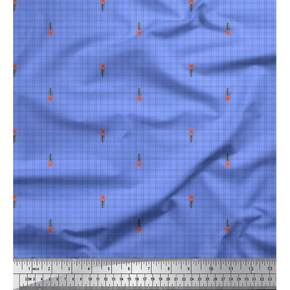 Soimoi Blue Cotton Voile Fabric Floral & Check Printed Craft Fabric by the Yard 42 Inch Wide