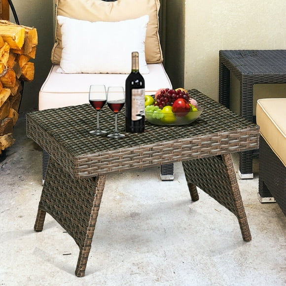 Costway Mix Brown Folding Rattan Side Coffee Table Patio Garden Outdoor Furniture