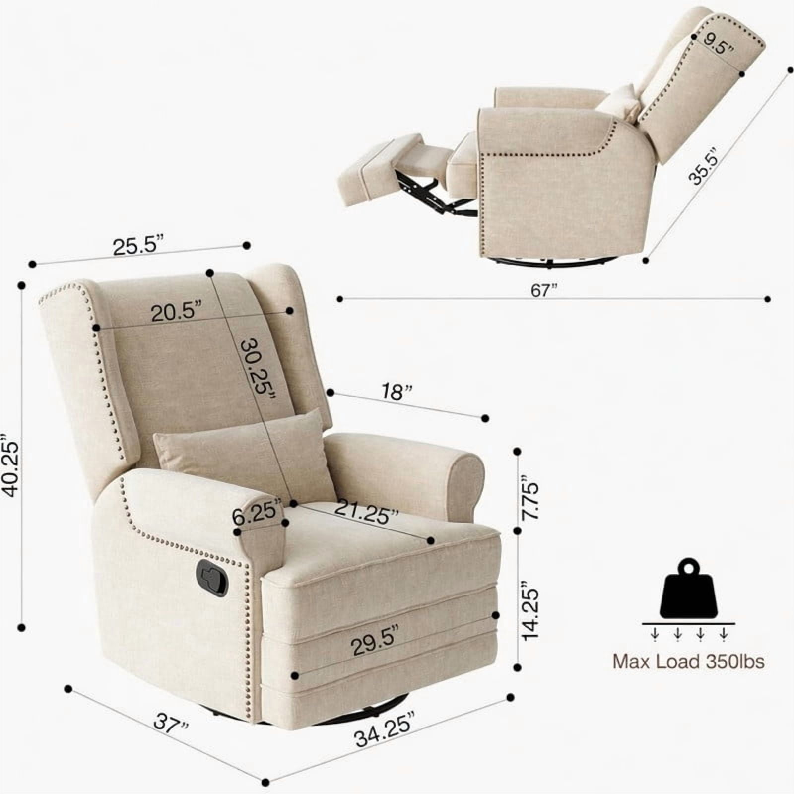 34.25" Extra Wide Swivel Recliner Glider Chair with Rocking, Lounge Chair with Pull-Out Footrest, Waterproof Fabric, Tool-Free Assembly