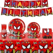 96 Pcs Spiderman Party Tableware Set, Birthday Party Supplies, Table Cover,Paper Plates, Napkins, Cups, Knives, Spoons and Forks
