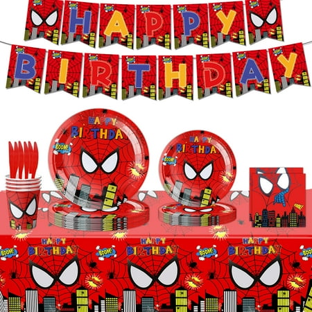 96 Pcs Spiderman Party Tableware Set, Birthday Party Supplies, Table Cover,Paper Plates, Napkins, Cups, Knives, Spoons and Forks
