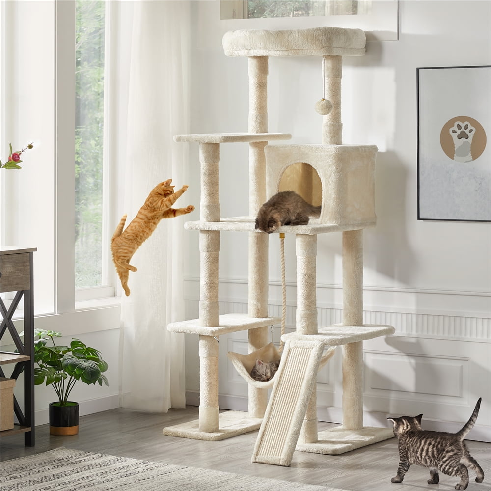 Alden Design 63″H Cat Tree Large Hammock Scratching Posts Cat Tower Indoor Cats Multilevel Plush Cat Tree