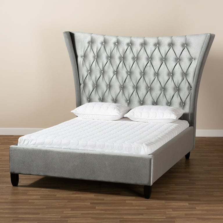 Baxton Studio Viola Glam and Luxe Grey Velvet Fabric Upholstered and Button Tufted King Size Platform Bed with Tall Wingback Headboard Baxton Studio Viola Glam and Luxe Grey Velvet Fabric Upholstered and Button Tufted King Size Platform Bed with Tall Wingback Headboard