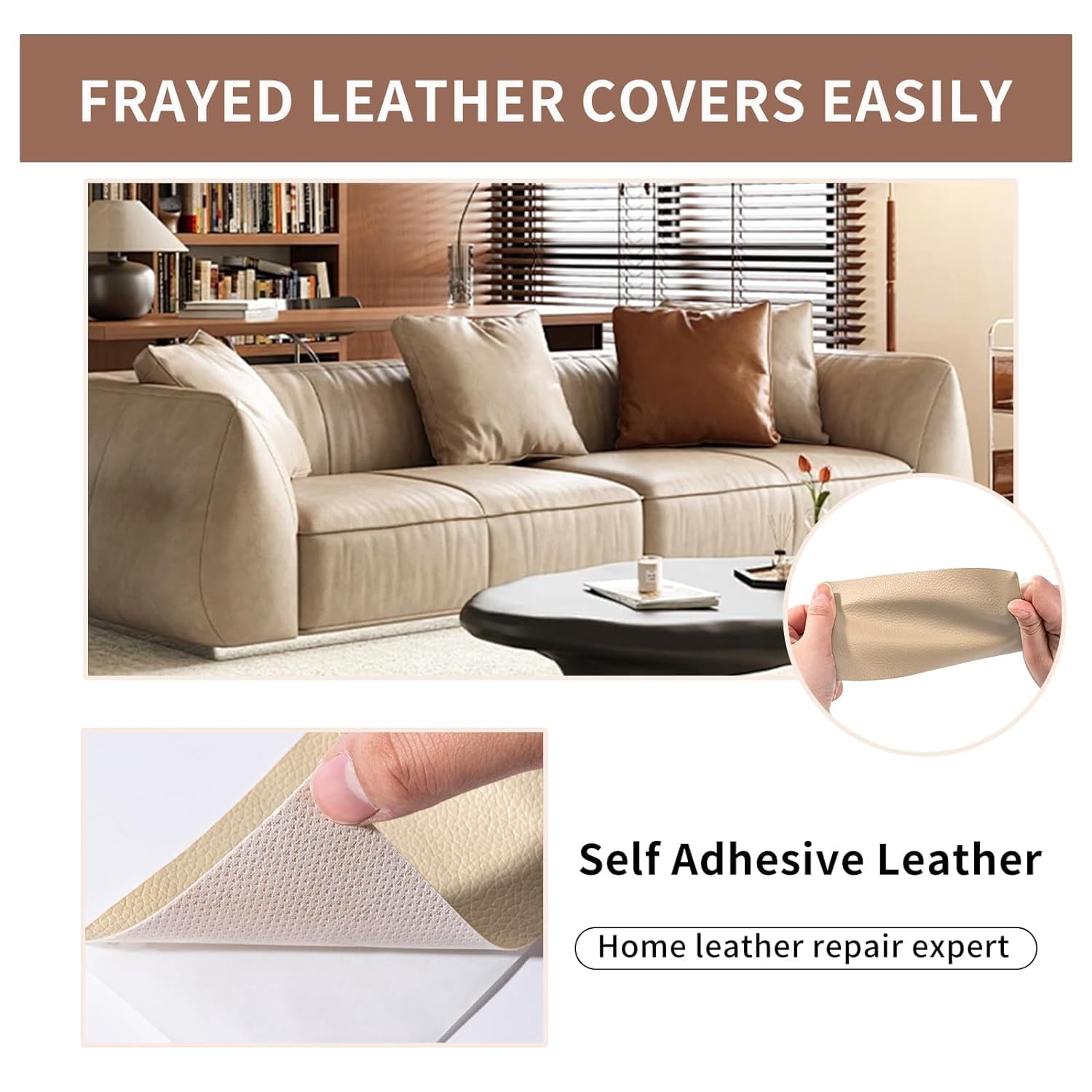 Leather Repair Patch Tape, Brown 17 x 61 Inches Self Adhesive Leather Repair Kit for Furniture, Car Seat,Vinyl Leather Repair Kit for Office Chairs, Bags, Luggage