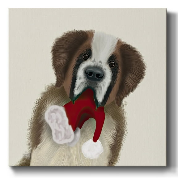 St Bernard and Christmas Hat- Gallery Wrapped Canvas