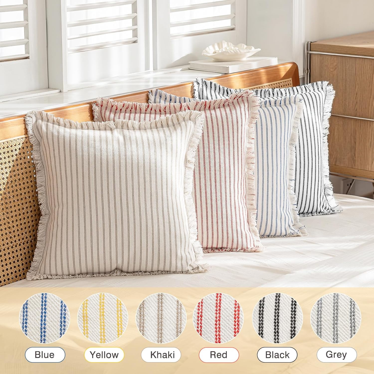 Lanola Throw Pillow Covers 22x22 Set of 2 Striped Fringe Pillow Cover Farmhouse Cushion Covers with Tassel Neutral Boho Pillows Decorative Square Pillowcase for Couch Sofa Bed, Red