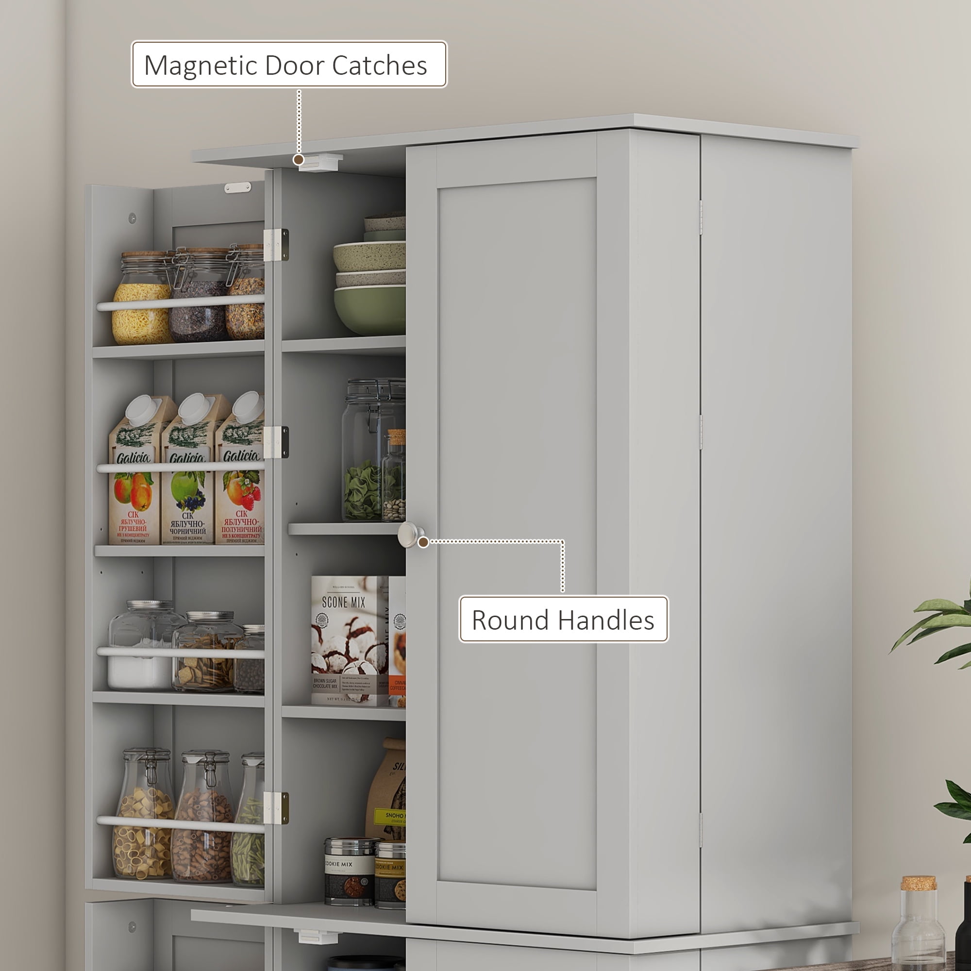 HOMCOM 65" Kitchen Pantry Cabinet with Adjustable Shelves Spick Racks Gray
